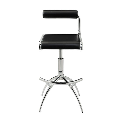 Set of Two Black and Silver Faux Leather and Metal Low Back Adjustable Height Bar Chairs