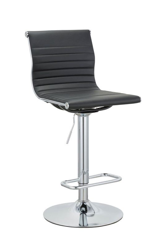 Set of Two Black and Silver Faux Leather and Metal Low Back Adjustable Height Bar Chairs