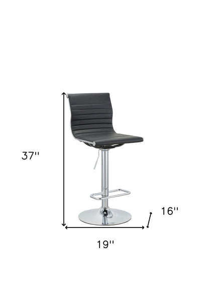 Set of Two Black and Silver Faux Leather and Metal Low Back Adjustable Height Bar Chairs