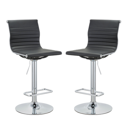 Set of Two Black and Silver Faux Leather and Metal Low Back Adjustable Height Bar Chairs