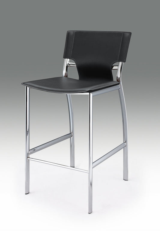 Set of Two 25" Black and Silver Faux Leather and Metal Low Back Counter Height Bar Chairs