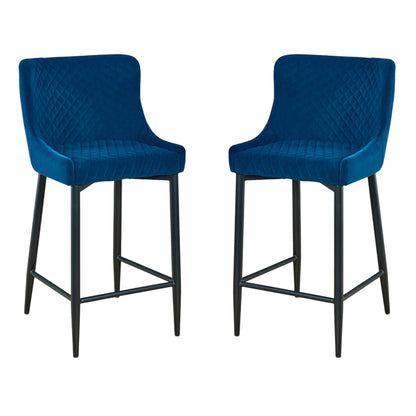 Set of Two 26" Blue and Black Velvet and Metal Low Back Counter Height Bar Chairs