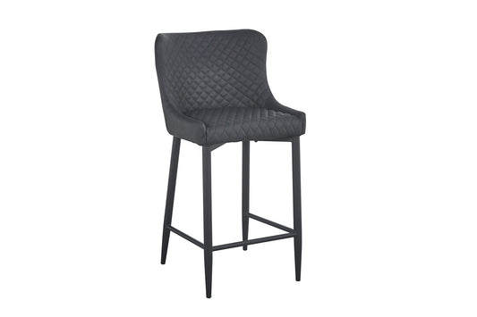 Set of Two 30" Gray and Black Faux Leather and Metal Low Back Bar Height Bar Chairs