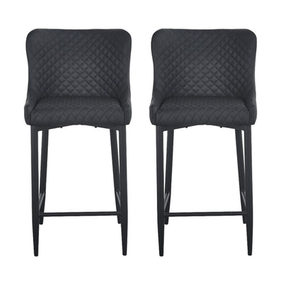 Set of Two 30" Gray and Black Faux Leather and Metal Low Back Bar Height Bar Chairs