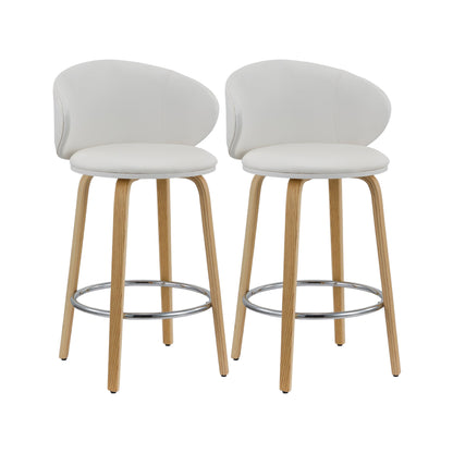 Set of Two 26" White and Brown Faux Leather and Solid Wood Low Back Counter Height Bar Chairs