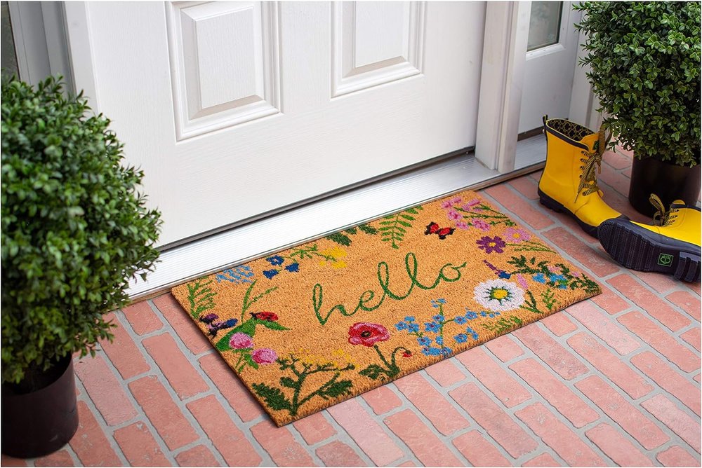 17" X 29" Natural and Green Coir Floral Hello Outdoor Door Mat