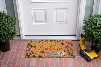17" X 29" Natural and Green Coir Floral Hello Outdoor Door Mat