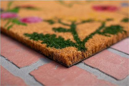 17" X 29" Natural and Green Coir Floral Hello Outdoor Door Mat