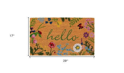 17" X 29" Natural and Green Coir Floral Hello Outdoor Door Mat