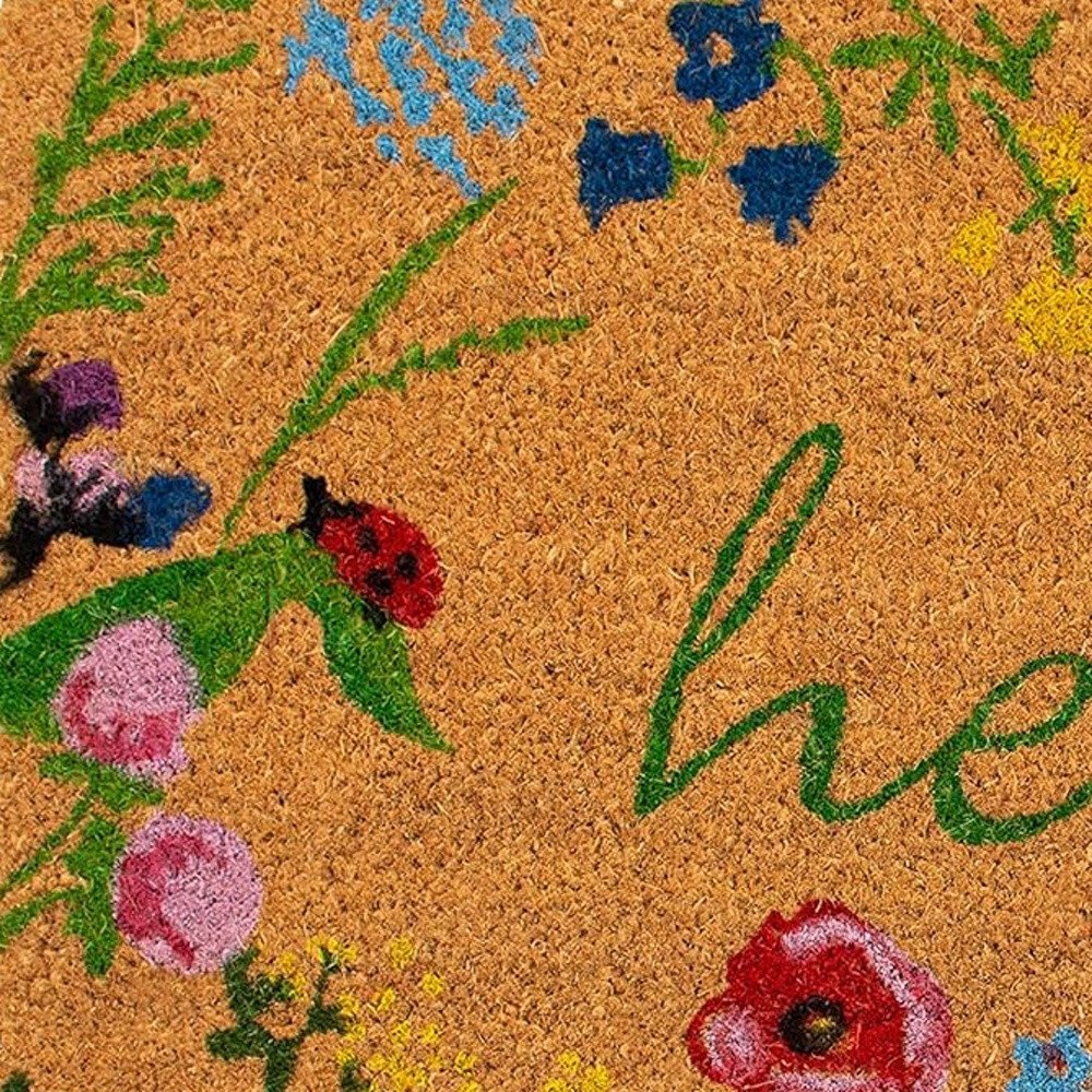 17" X 29" Natural and Green Coir Floral Hello Outdoor Door Mat