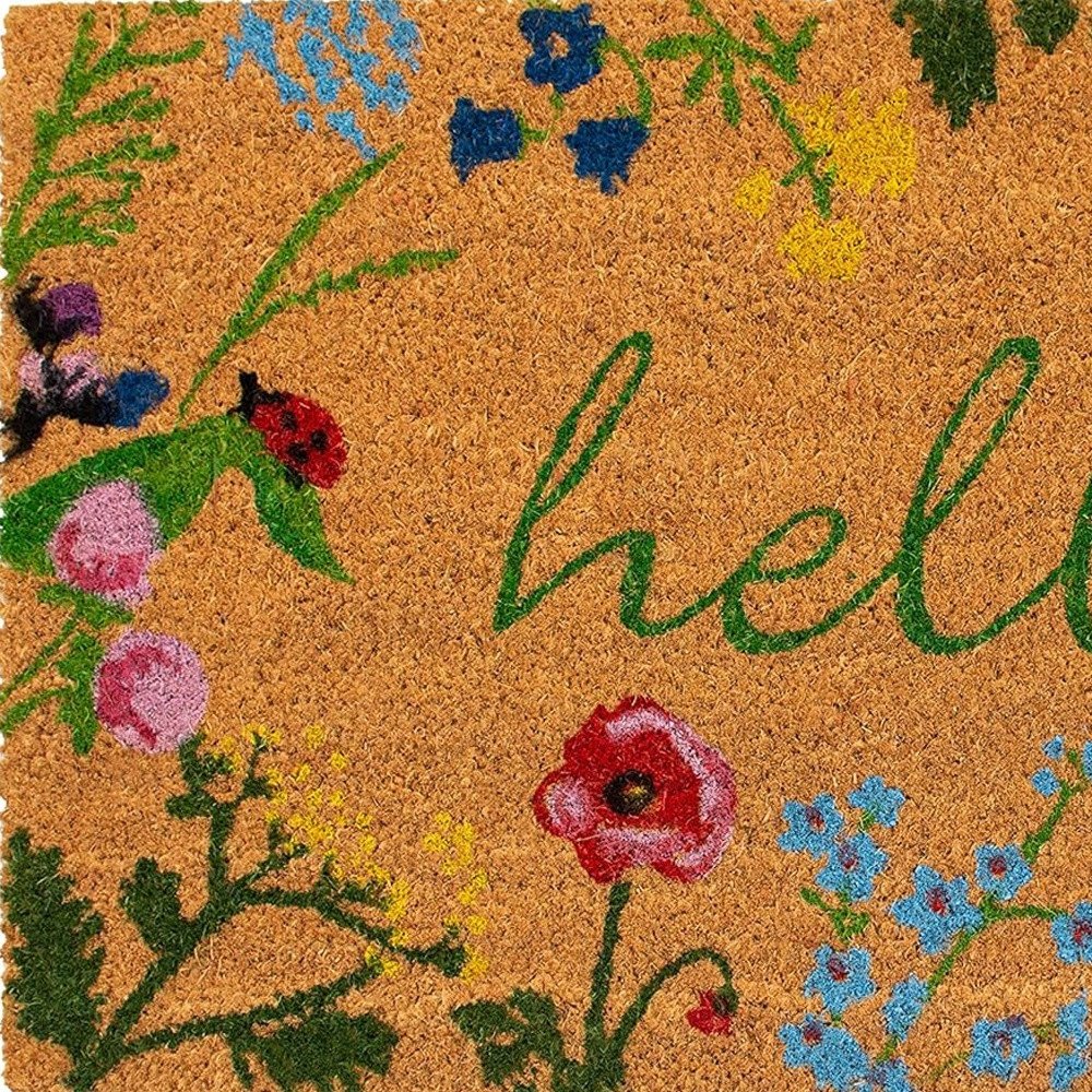 17" X 29" Natural and Green Coir Floral Hello Outdoor Door Mat