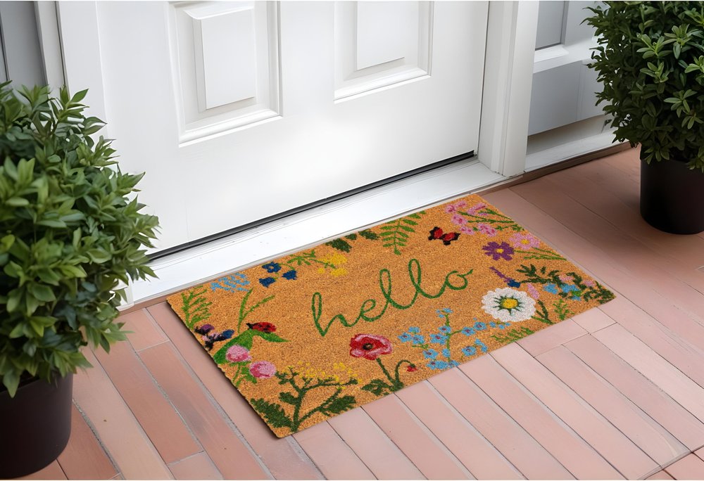 17" X 29" Natural and Green Coir Floral Hello Outdoor Door Mat