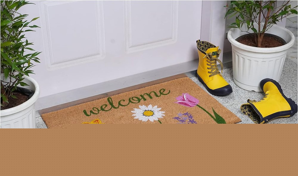 17" X 29" Natural Pink and Green Coir Floral Welcome Outdoor Door Mat