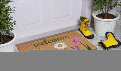 17" X 29" Natural Pink and Green Coir Floral Welcome Outdoor Door Mat