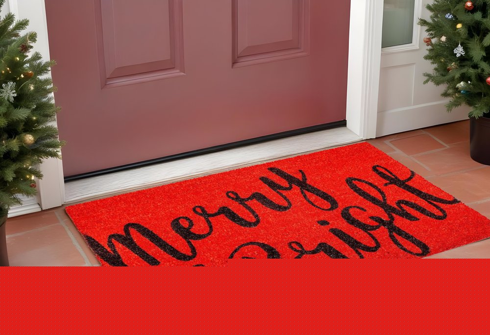 24" X 36" Red and Black Coir Merry and Bright Outdoor Christmas Door Mat