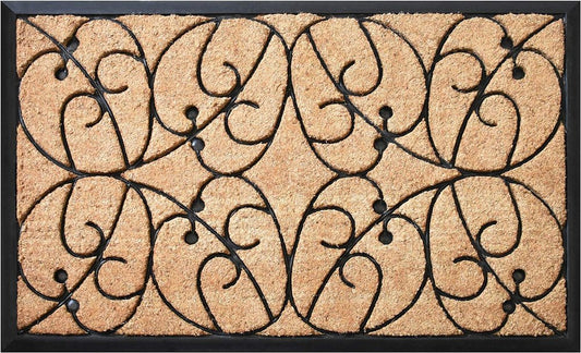 24" X 36" Natural and Black Coir Botanical Leaves Outdoor Door Mat