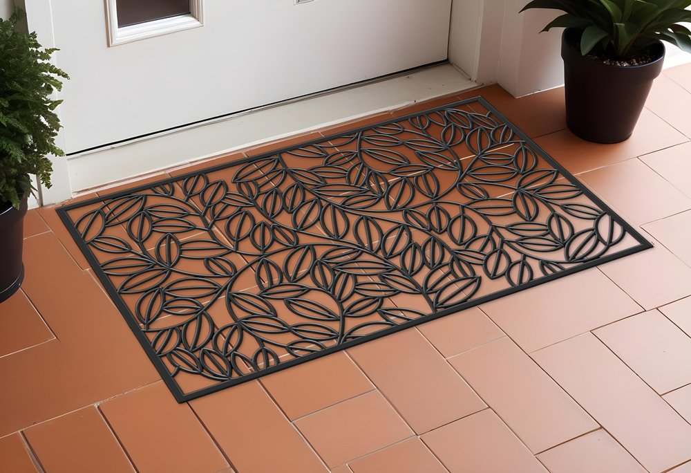 24" X 36" Black Rubber Botanical Leaves Outdoor Door Mat