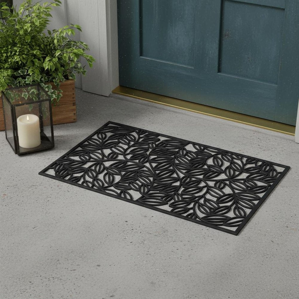 24" X 36" Black Rubber Botanical Leaves Outdoor Door Mat