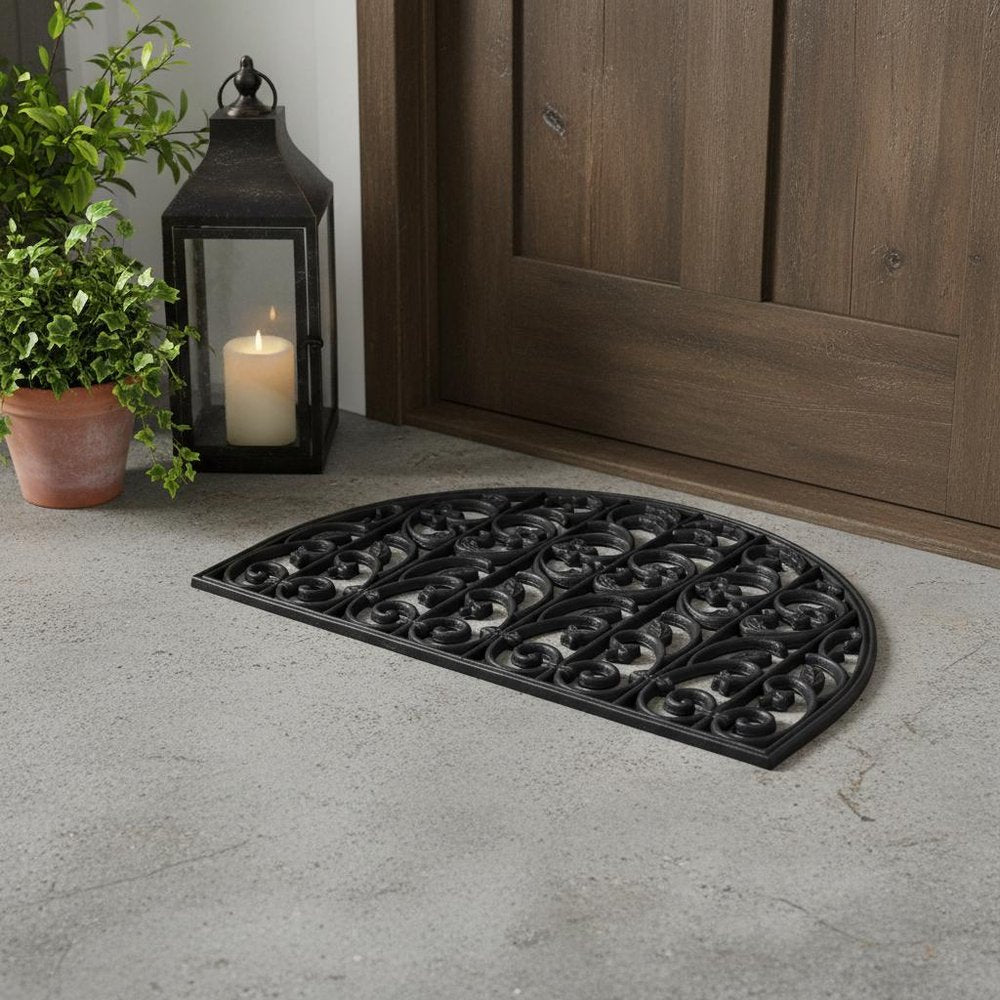 24" X 36" Black Rubber Scrollwork Outdoor Semi Circle Door Mat