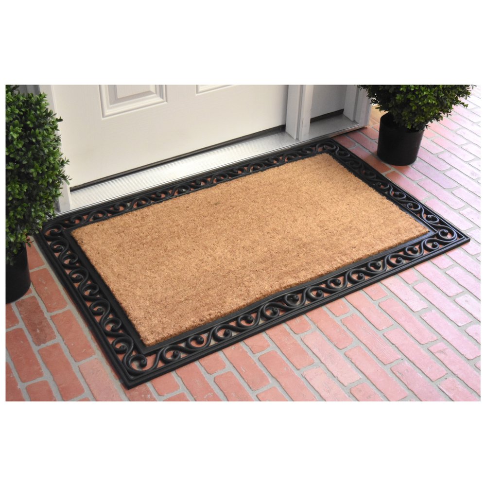 22" X 36" Natural and Black Coir Scrollwork Outdoor Door Mat