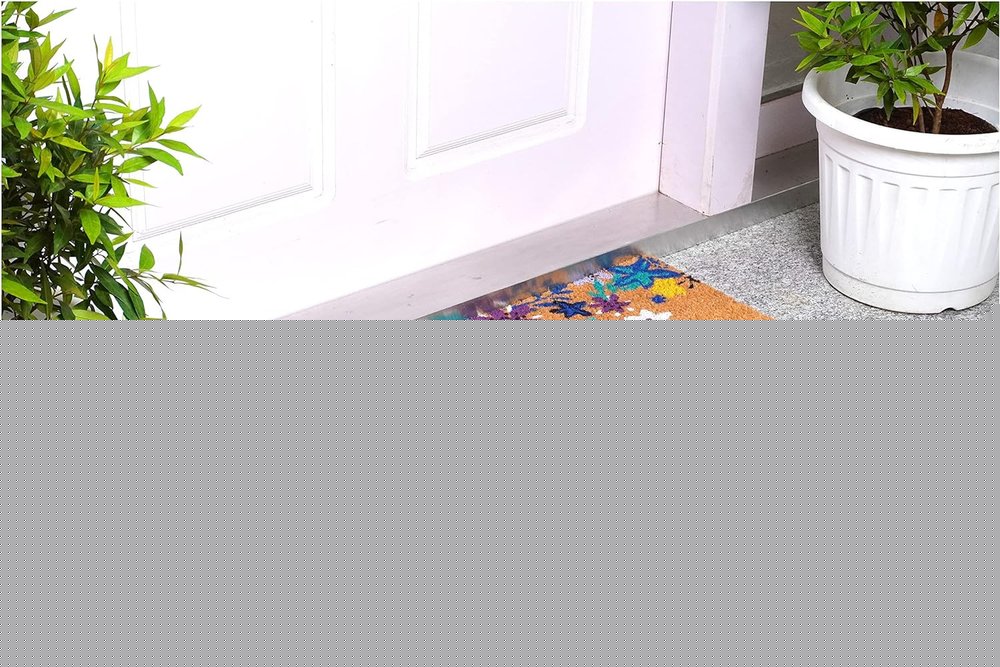 24" X 36" Natural Blue and Purple Coir Floral Hello Outdoor Door Mat