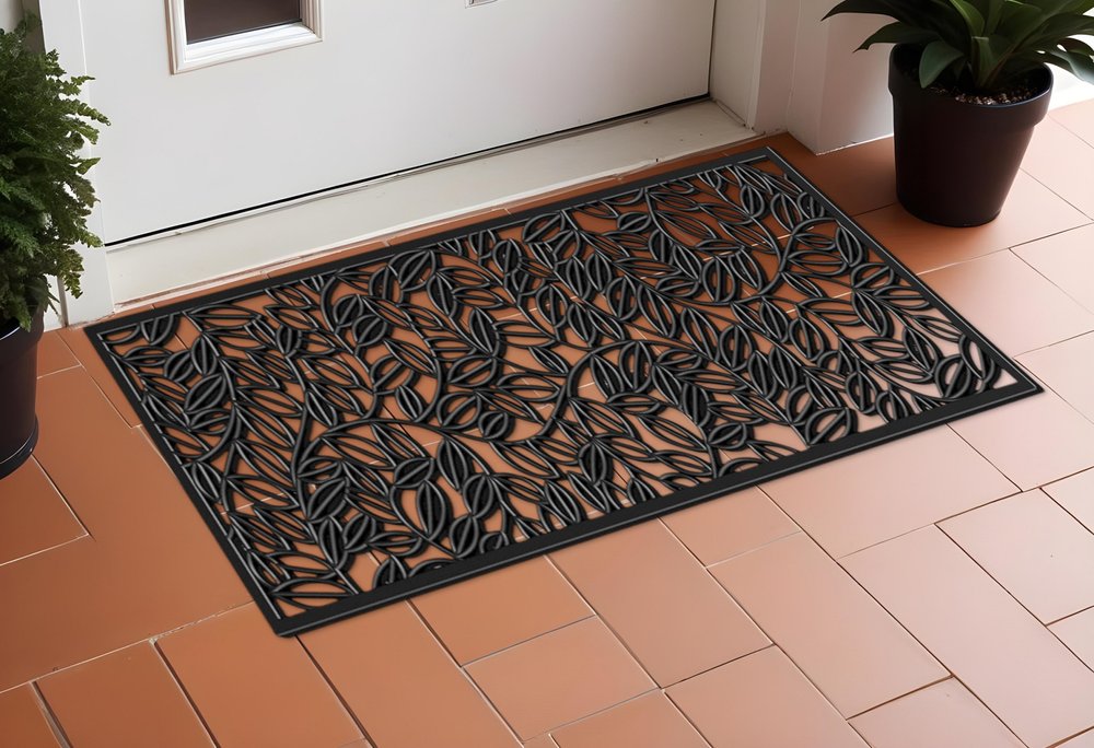 22" X 48" Black Rubber Botanical Leaves Outdoor Door Mat