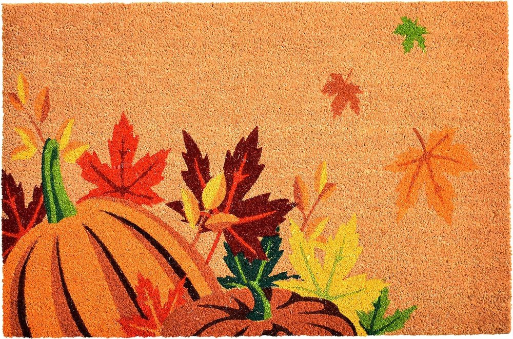 17" X 29" Natural Orange and Green Coir Pumpkins and Leaves Outdoor Fall Door Mat