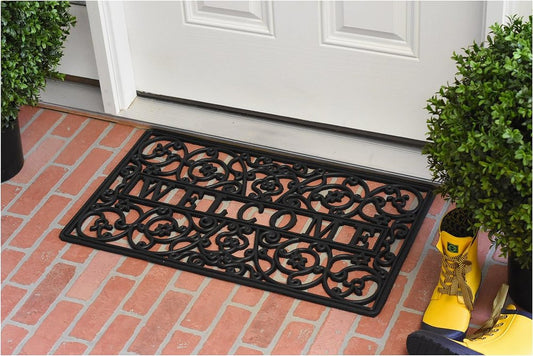 18" X 30" Black Rubber Scrollwork Welcome Outdoor Door Mat