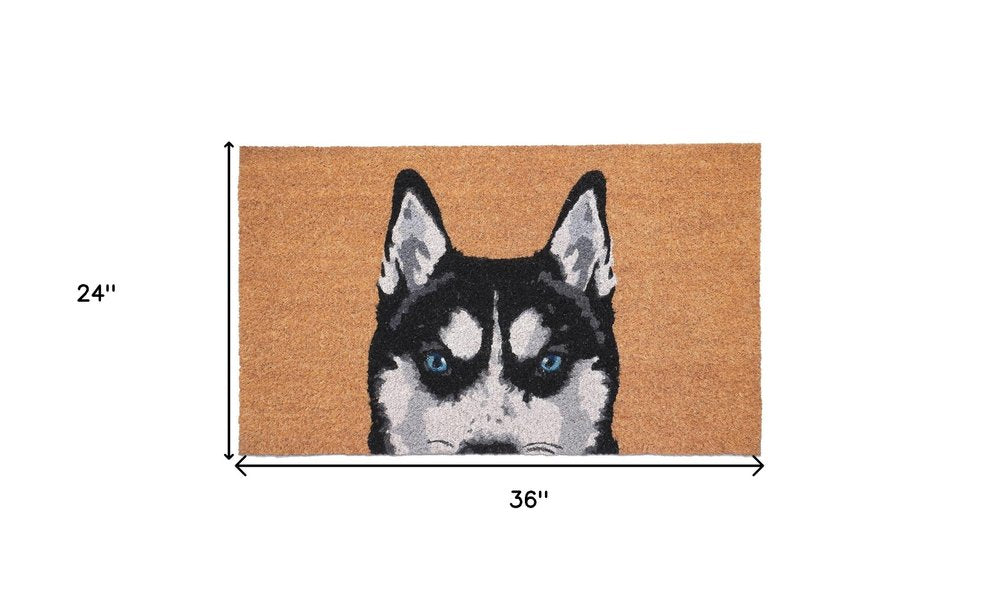 24" X 36" Natural Black and White Coir Siberian Husky Outdoor Door Mat