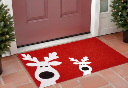 17" X 29" Red and White Coir Reindeer Outdoor Christmas Door Mat