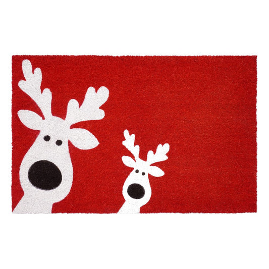 17" X 29" Red and White Coir Reindeer Outdoor Christmas Door Mat