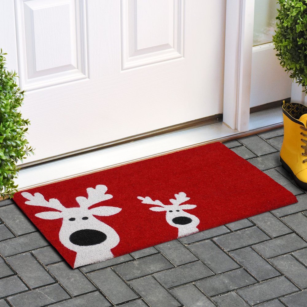 17" X 29" Red and White Coir Reindeer Outdoor Christmas Door Mat