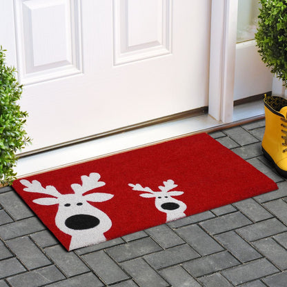 17" X 29" Red and White Coir Reindeer Outdoor Christmas Door Mat