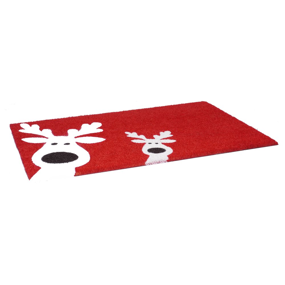 17" X 29" Red and White Coir Reindeer Outdoor Christmas Door Mat