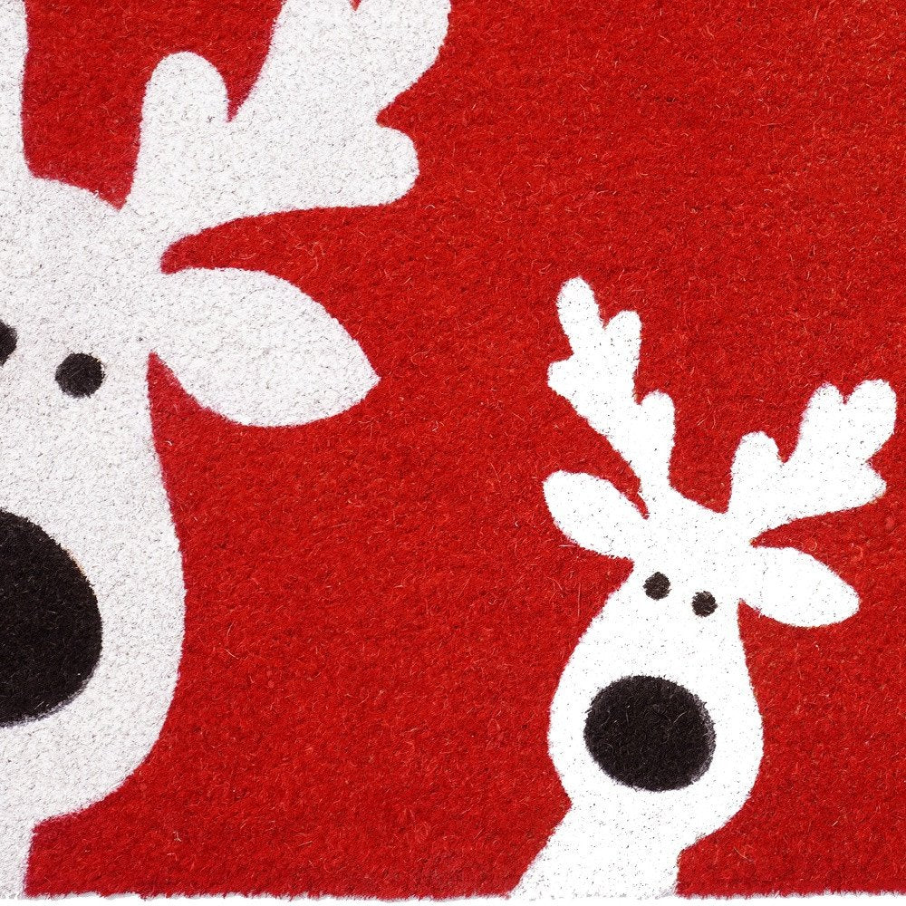 17" X 29" Red and White Coir Reindeer Outdoor Christmas Door Mat