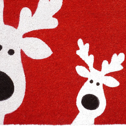 17" X 29" Red and White Coir Reindeer Outdoor Christmas Door Mat