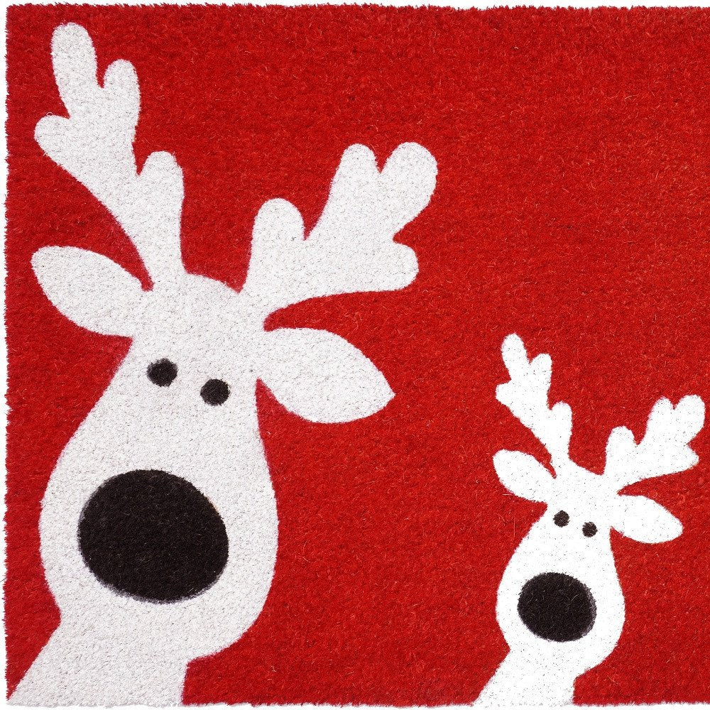 17" X 29" Red and White Coir Reindeer Outdoor Christmas Door Mat