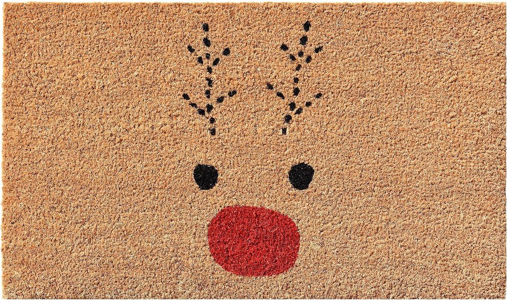 17" X 29" Natural Black and Red Coir Reindeer Outdoor Christmas Door Mat