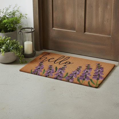 17" X 29" Natural Black and Purple Coir Floral Hello Outdoor Door Mat