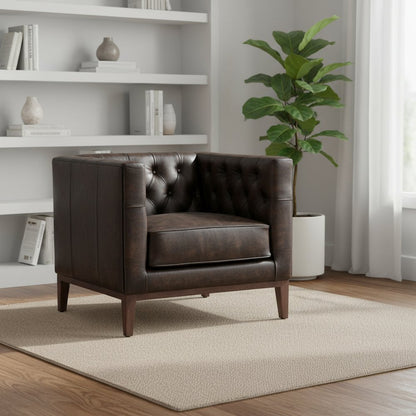 33" Brown and Black Antiqued Top Grain Leather Tufted Club Chair