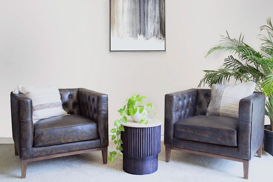 33" Brown and Black Antiqued Top Grain Leather Tufted Club Chair