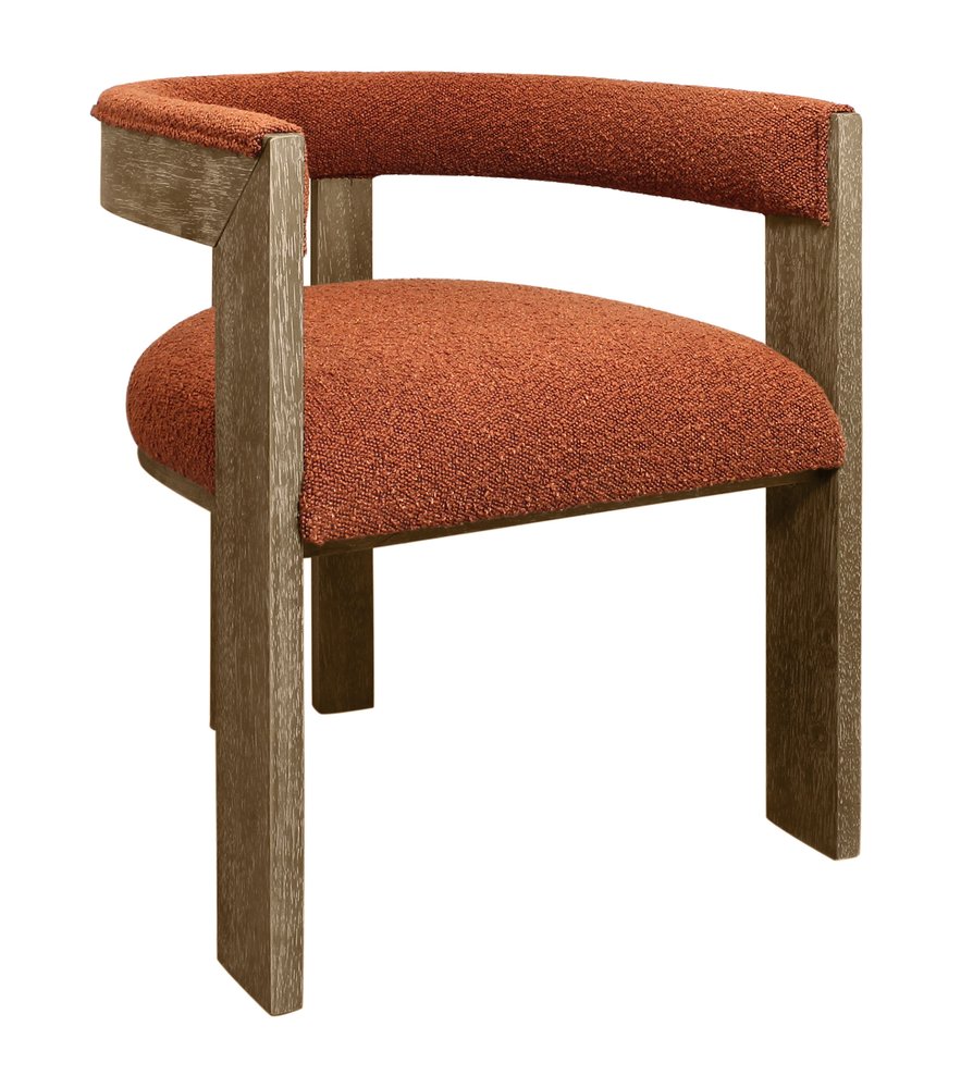 Burnt Orange and Brown Upholstered Boucle Open Back Dining Arm Chair