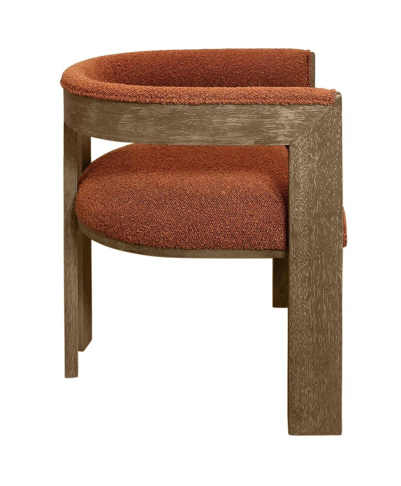 Burnt Orange and Brown Upholstered Boucle Open Back Dining Arm Chair