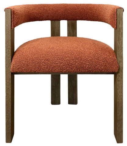 Burnt Orange and Brown Upholstered Boucle Open Back Dining Arm Chair