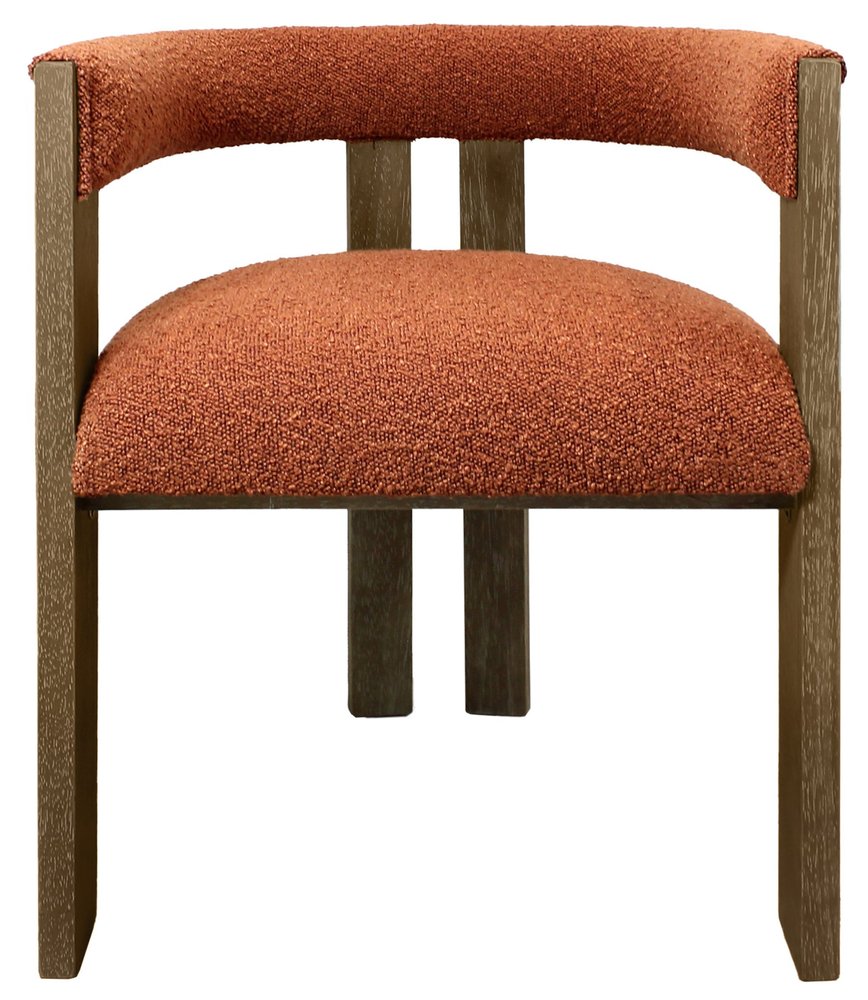 Burnt Orange and Brown Upholstered Boucle Open Back Dining Arm Chair