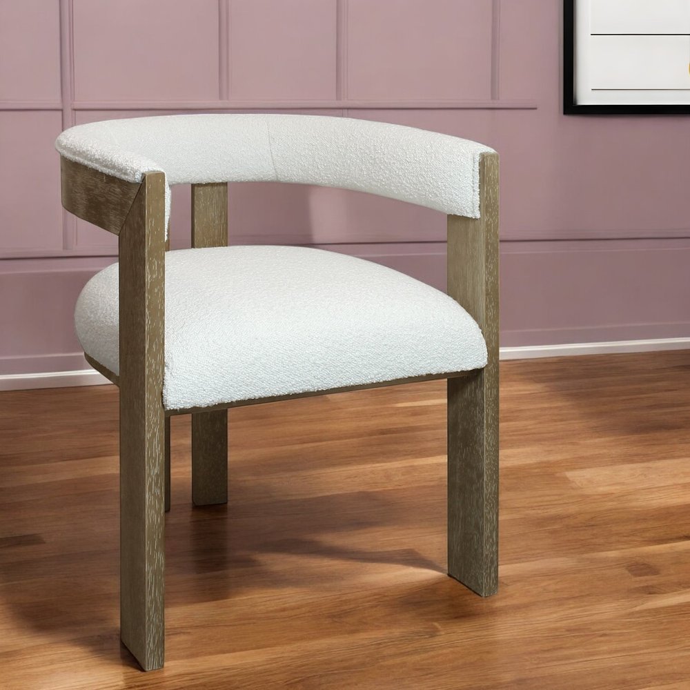 Ivory and Brown Upholstered Boucle Open Back Dining Arm Chair
