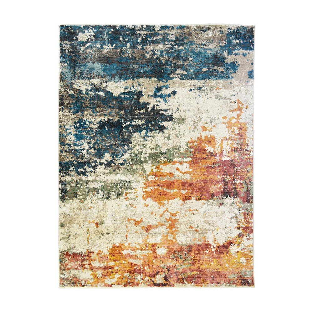 8' X 10' Beige Blue and Ivory Abstract Distressed Area Rug With Fringe