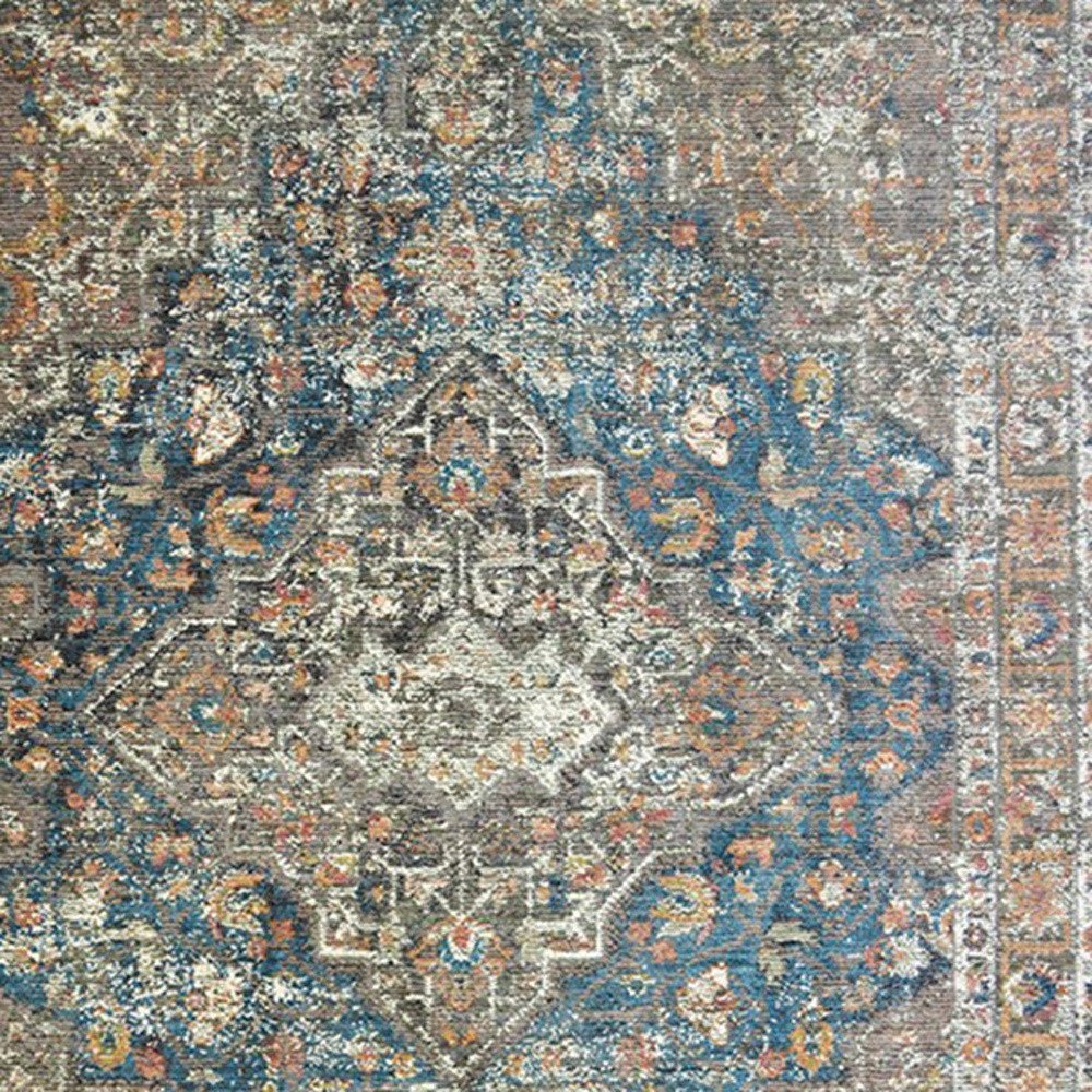 9' X 13' Blue and Brown Oriental Distressed Area Rug With Fringe