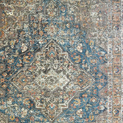 9' X 13' Blue and Brown Oriental Distressed Area Rug With Fringe