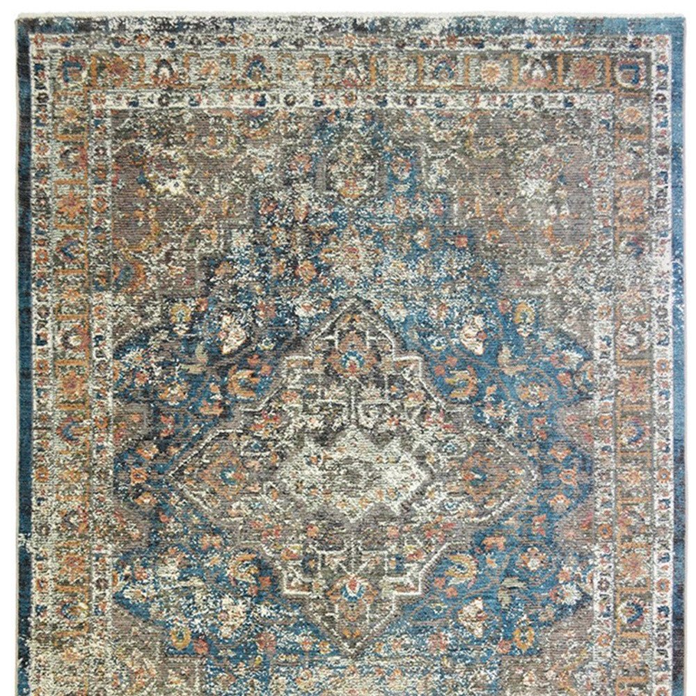 9' X 13' Blue and Brown Oriental Distressed Area Rug With Fringe